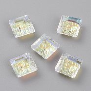 Embossed Glass Rhinestone Pendants, Abnormity Embossed Style, Rhombus, Faceted, Crystal AB, 13x13x5mm, Hole: 1.2mm, Diagonal Length: 13mm, Side Length: 10mm(GLAA-J101-03A-001AB)