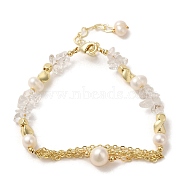 Brass Chains Tassel Link Bracelet, with Natural Pearl & Quartz Crystal Chips Beaded, Real 14K Gold Plated, 6-5/8 inch(16.7cm)(BJEW-C051-31G)