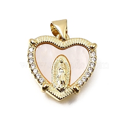Brass Micro Pave Clear Cubic Zirconia Pendants, with Shell, Heart with Virgin Mary Charms, Real 16K Gold Plated, Old Lace, 16.5x16.5x3mm, Hole: 4.5x3.5mm(CU-CBAF50C-01B-G01)