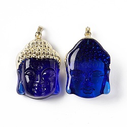 Medium Blue Glass Pendants, with Rack Plating Brass Findings, Buddha Head, Light Gold, 38.5x26x15.5mm, Hole: 4.5x6.5mm(KK-I639-01GLG)