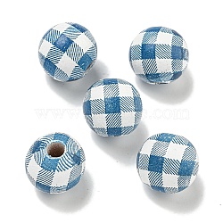 Printed Wood European Beads, Round with Tartan Pattern, Steel Blue, 15.5~16mm, Hole: 4~4.5mm(WOOD-G022-13D)