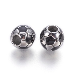304 Stainless Steel Enamel European Beads, Large Hole Beads, FootBall/Soccer Ball, Black, Stainless Steel Color, 12.5x12mm, Hole: 5mm(STAS-P212-16P)