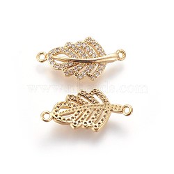Brass Micro Pave Cubic Zirconia Links, Leaf, Clear, Golden, 21~21.5x11x3mm, Hole: 1mm(ZIRC-E161-29A-G)