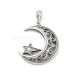 304 Stainless Steel Big Pendants, Retro Style, Antique Silver, Moon, 52.5x44.5x5mm, Hole: 11x7mm(STAS-B077-02AS-05)