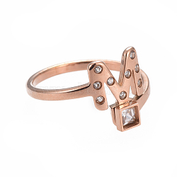 304 Stainless Steel Finger Rings, with Rhinestone, Initial Letter M & Square, Rose Gold, Size 6~9, 16~19mm(RJEW-I063-05RG)