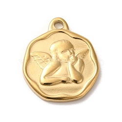 304 Stainless Steel Pendants,  Flat Round with Angel Charms, Real 14K Gold Plated, 21x18x2.5mm, Hole: 2mm(STAS-L022-270G)