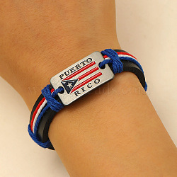 PU Leather Cord Bracelets, Alloy Enamel Link Jewelry for Men Women, Puerto Rico Flag, Blue, 4~5-1/8 inch(10~13cm)(FS-WG46779-07)