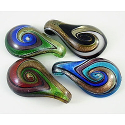 Lampwork Glass Pendants, with Gold Sand, Teardrop, Mixed Color, 30~31.5mm wide, 51~53mm long, hole: 5~8mm(X-SLSP150Y)