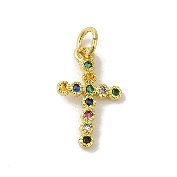Brass Micro Pave Cubic Zirconia Pendants, Real 18K Gold Plated, Cross Charms, Colorful, 17x10x1.5mm, Hole: 3mm
