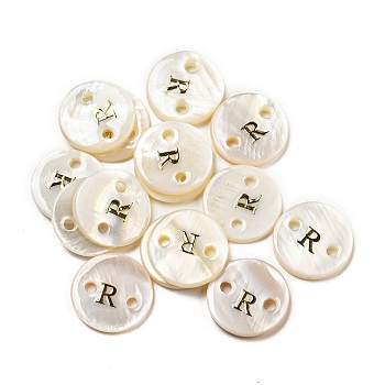 Freshwater Shell Buttons, Flat Round , Letter R, 12x2mm, Hole: 1.6mm