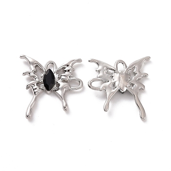 Rack Plating Alloy Connector Charms, Butterfly Links with Glass, Platinum, Cadmium Free & Lead Free & Nickle Free, Black, 29x28x4.5mm, Hole: 3.5x2.5mm