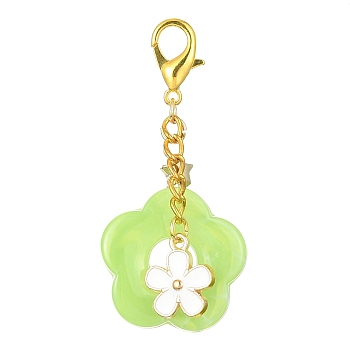 Acrylic Flower Pendants Decorations, Alloy Enamel and Alloy Lobster Claw Clasps Charms, Green Yellow, 356mm