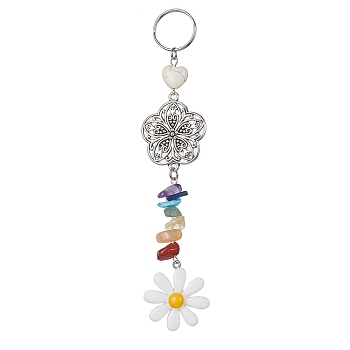Flower Resin Keychains, with Chakra Gemstone Chip and 304 Stainless Steel Split Key Rings and Tibetan Style Alloy Links, White, 14.5cm