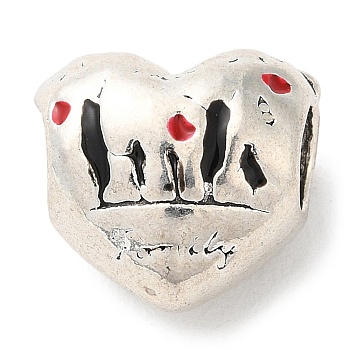 Zinc Alloy Enamel European Beads, Large Hole Beads, Heart with Family, Antique Silver, 11x12x8mm, Hole: 4.5mm