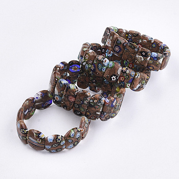 Handmade Synthetic Goldstone & Millefiori Lampwork Stretch Bracelets, Rectangle & Oval, 2 inch~2-1/8 inch(5~5.5cm)