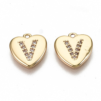 Brass Micro Pave Clear Cubic Zirconia Charms, Nickel Free, Real 18K Gold Plated, Flat Heart, Letter.V, 10x10x1mm, Hole: 1mm