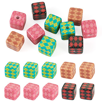 Printed Opaque  Acrylic Beads, Cube with Rhombus Pattern, Mixed Color, 14.5~15x14.5~15x14.5~15mm, Hole: 3.8mm