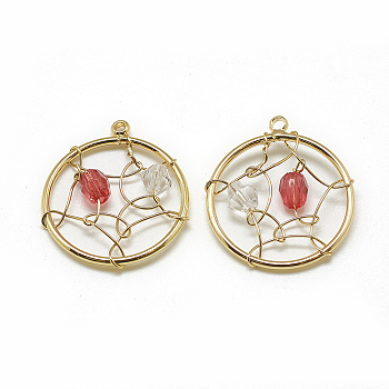 Brass Pendants, with Glass Beads, Flat Round with Web, Real 18K Gold Plated, Red, 20.5x18x4mm, Hole: 1mm