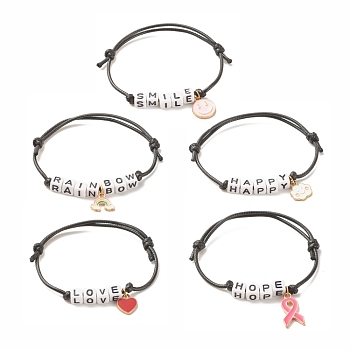 5Pcs 5 Style Heart & Ribbon & Cloud Alloy Charms Bracelets Set, Acrylic Word Love Beaded Bracelets for Women, Mixed Color, Inner Diameter: 1-3/4~3-1/8 inch(4.4~7.9cm), 1Pc/style