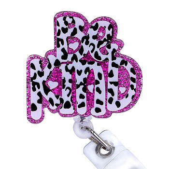 Glittered Plastic Retractable Badge Reel, Card Holders, with Iron Alligator Clips, Word Be Kind, Purple, 100mm, Word: 49.5x49.5mm