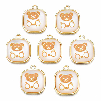 Resin Pendants, with Light Gold Plated Alloy, Cadmium Free & Nickel Free & Lead Free, Square with Bear, Sandy Brown, 17x14x5mm, Hole: 1.4mm