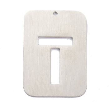 304 Stainless Steel Pendants, Rectangle with Alphabet, Hollow, Letter.T, 32x22x1mm, Hole: 1.5mm