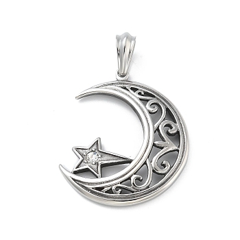 304 Stainless Steel Big Pendants, Retro Style, Antique Silver, Moon, 52.5x44.5x5mm, Hole: 11x7mm