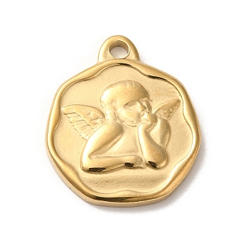 304 Stainless Steel Pendants,  Flat Round with Angel Charms, Real 14K Gold Plated, 21x18x2.5mm, Hole: 2mm