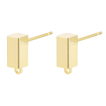 Brass Stud Earrings Findings, Cuboid, Real 18K Gold Plated, 10x4mm, Hole: 1.2mm, Pin: 11.5x0.8mm