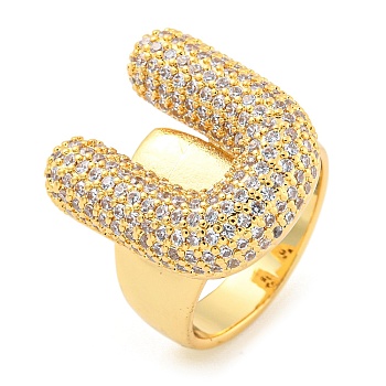 Brass Micro Pave Clear Cubic Zirconia Letter Open Cuff Ring for Women, Real 18K Gold Plated, Letter U, 22x19.5mm, Inner Diameter: 21mm