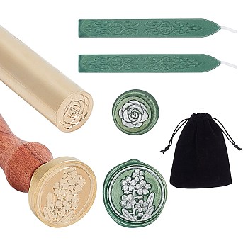 CRASPIRE DIY Wax Seal Stamp Kits, Including Brass Handles, Sealing Wax Sticks, Rectangle Velvet Pouches, Golden, Rose Pattern Brass Handles: 1pc