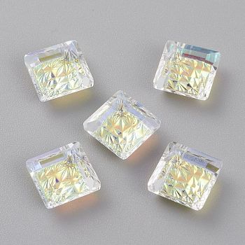 Embossed Glass Rhinestone Pendants, Abnormity Embossed Style, Rhombus, Faceted, Crystal AB, 13x13x5mm, Hole: 1.2mm, Diagonal Length: 13mm, Side Length: 10mm