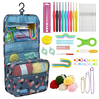 Knitting Tool Kits for Beginners, including Storage Bag, Yarn, Crochet Hook & Needle Gauge, Big Eye Needle, Seam Ripper, Stitch Marker, Winder, Scissor, Flower, Package: 140x180mm