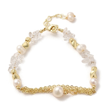 Brass Chains Tassel Link Bracelet, with Natural Pearl & Quartz Crystal Chips Beaded, Real 14K Gold Plated, 6-5/8 inch(16.7cm)