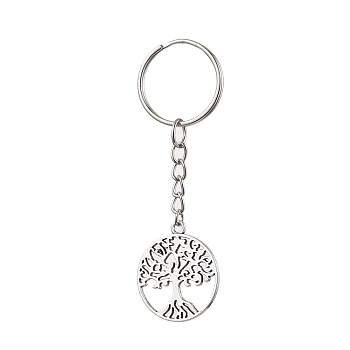 Tibetan Style Alloy Tree of Life Keychains, with Iron Split Key Rings, Antique Silver, 8cm, Pendant: 29x25x1.5mm