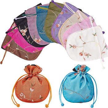 12Pcs 12 Colors Polyester Packing Pouches, Drawstring Bags, with Flower Pattern, Square, Mixed Color, 14.1x12x0.4cm, 1pc/color