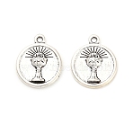 Tibetan Style Alloy Pendants, Flat Round with Holy Communion Chalice, Antique Silver, 17x14x2.5mm, Hole: 1.4mm(FIND-C083-01AS)
