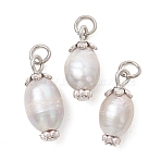 Natural Cultured Freshwater Pearl Pendants, Rice Charms with 304 Stainless Steel Jump Rings, Gainsboro, Stainless Steel Color, 16.5~19x7.5~8.5mm, Hole: 3~3.5mm(PALLOY-JF05555)