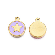 304 Stainless Steel Enamel Pendants, Real 18K Gold Plated, Flat Round with Star, Lilac, 19x15x2.5mm, Hole: 1.6mm(STAS-N092-148C)