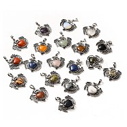 Natural & Synthetic Mixed Gemstone Heart Pendants, Dragon Charms, with Rack Plating Antique Silver Plated Brass Findings, Lead Free & Cadmium Free, 33x33.5~34x7~7.5mm, Hole: 8x5mm(KK-K331-01AS)