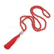 Tassel Pendant Necklaces, with Natural Carnelian Beads, Buddha Head, 31.1 inch~33 inch(79~84cm)(NJEW-P191-A02)