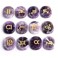 12Pcs Natural Amethyst Engraved 12 Constellation Oval Display Decoration, Reiki Healing Stone Ornament, 25x20x6mm(PW-WG17432-02)