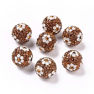 Polymer Clay Rhinestone Beads, Pave Disco Ball Beads, Round with Flower, Topaz, 16mm, Hole: 1.6~1.8mm(RB-L029-03B)