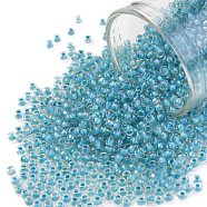 TOHO Round Seed Beads, Japanese Seed Beads, (183) Inside Color Luster Crystal/Opaque Aqua Lined, 11/0, 2.2mm, Hole: 0.8mm, about 1110pcs/bottle, 10g/bottle(SEED-JPTR11-0183)
