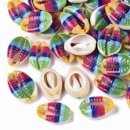 Printed Natural Cowrie Shell Beads, No Hole/Undrilled, Rainbow Style, Colorful, 18~21x12~15x7mm(SSHEL-R047-01-A04)