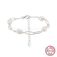 Shell Pearl Beaded Bracelets, with 925 Sterling Silver Paperclip Chains, Real Platinum Plated, 6-5/8 inch(16.8cm)(BJEW-G724-04P)