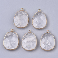 Natural Quartz Crystal Pendants, Rock Crystal Pendants, with Golden Plated Edge Brass Findings, Nickel Free, Faceted, Oval, 25~26x17~18x5mm, Hole: 1.4mm(G-T131-08J)