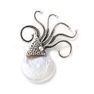 925 Sterling Silver Pave Natural Pearl Pendants, Octopus Charms, Antique Silver, 45x33x7.5mm, Hole: 7x4mm(STER-M092-04AS)