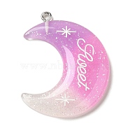 Gradient Color Translucent Resin Pendants, Glitter Moon Charms with Platinum Tone Iron Loops, Plum, 40x34x5mm, Hole: 2mm(FIND-Z006-03E)