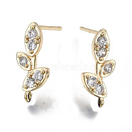 Brass Micro Pave Clear Cubic Zirconia Stud Earring Findings, with Loop, Leaf, Golden, 15x6.5mm, Hole: 1mm, Pin: 0.6mm(ZIRC-J022-04G)
